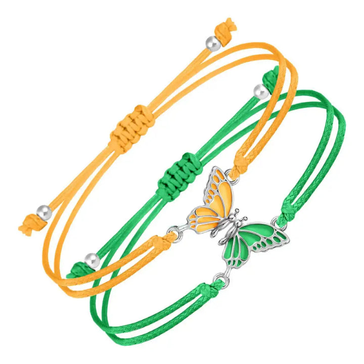 Buddha Stones 2Pcs Handmade Braided Rope Butterfly Freedom Bracelet - Yellow-Green(Wrist Circumference 14-27cm)