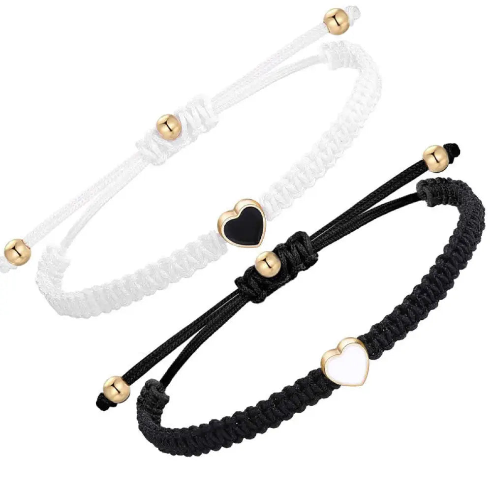 Buddha Stones 2Pcs Handmade Braided Rope Love Heart Luck Couple Bracelet - Black And White(Wrist Circumference 14-27cm)