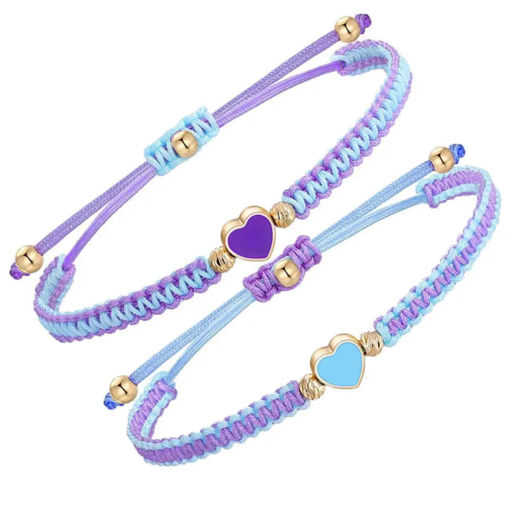 Buddha Stones 2Pcs Handmade Braided Rope Love Heart Luck Couple Bracelet - Blue And Purple(Wrist Circumference 14-27cm)