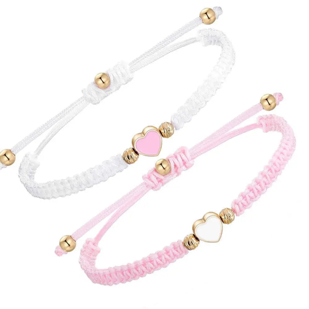 Buddha Stones 2Pcs Handmade Braided Rope Love Heart Luck Couple Bracelet - Pink And White(Wrist Circumference 14-27cm)