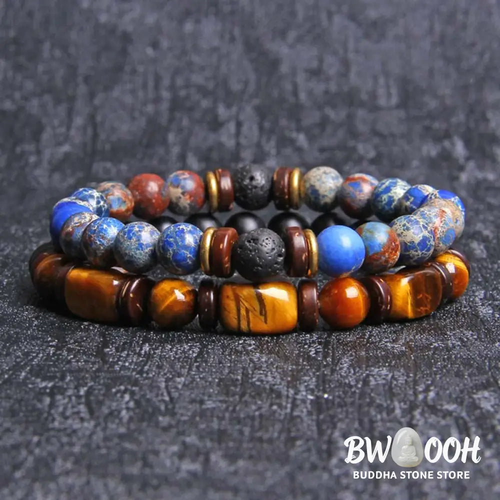 Buddha Stones 2PCS Healing Crystal Emperor Stone Tiger Eye Bead Bracelet - BWOOOH - Bracelet