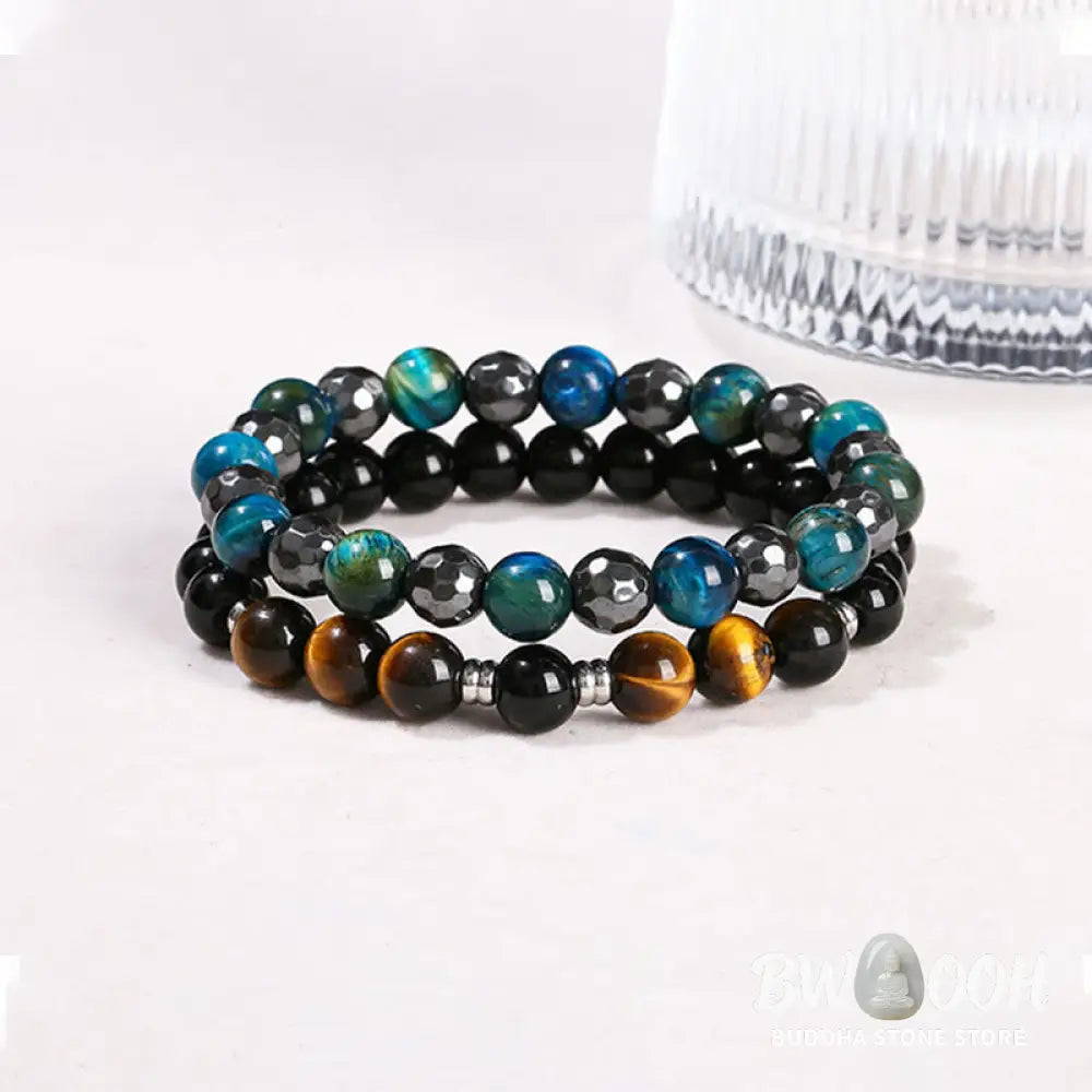 Buddha Stones 2Pcs Hematite Tiger Eye Blue Tiger Eye Powerful Bracelet Set - BWOOOH - Hematite Tiger Eye Blue Tiger