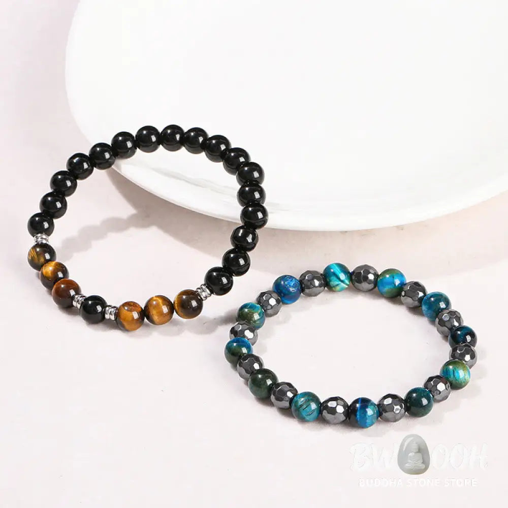 Buddha Stones 2Pcs Hematite Tiger Eye Blue Tiger Eye Powerful Bracelet Set - BWOOOH - Hematite Tiger Eye Blue Tiger
