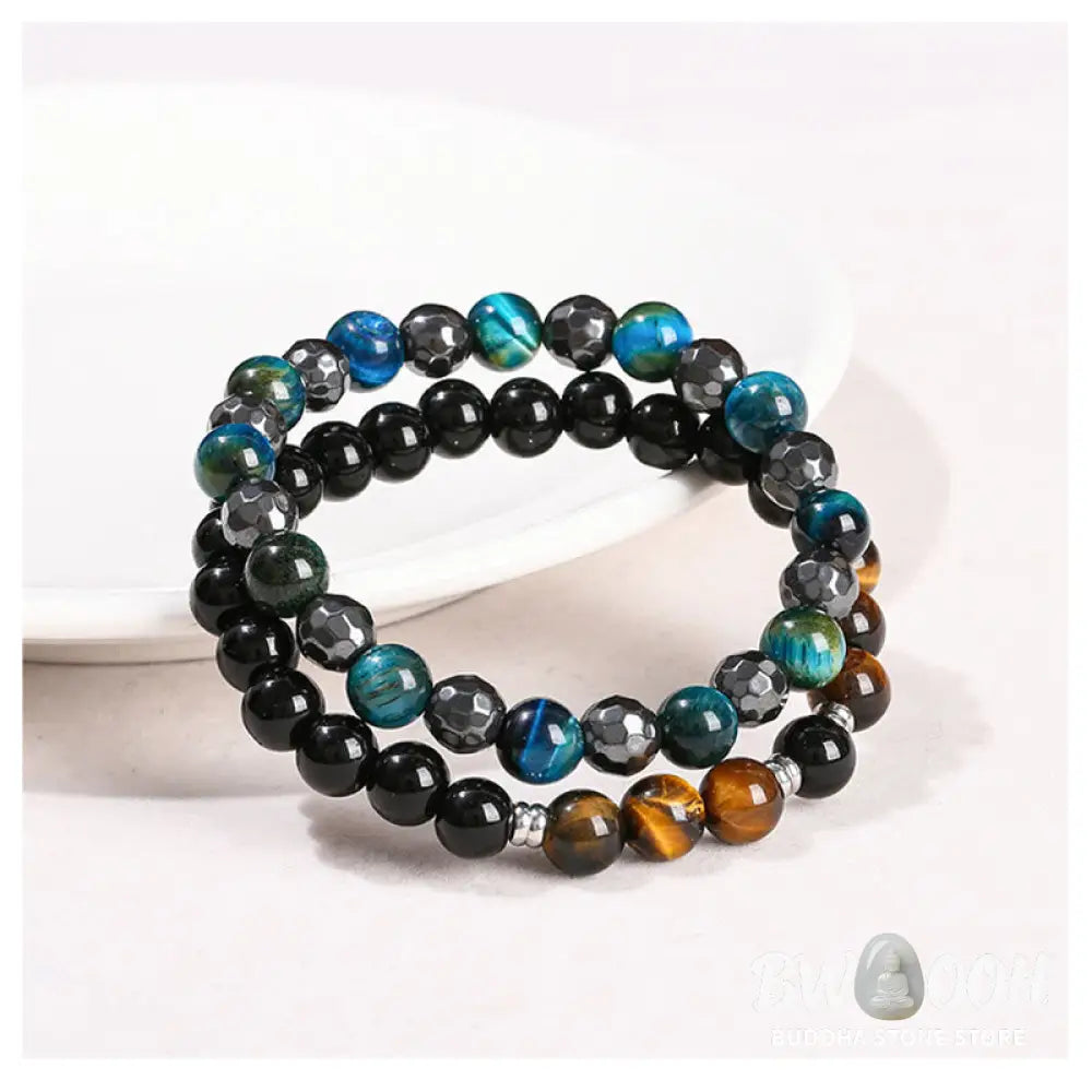 Buddha Stones 2Pcs Hematite Tiger Eye Blue Tiger Eye Powerful Bracelet Set - BWOOOH - Hematite Tiger Eye Blue Tiger