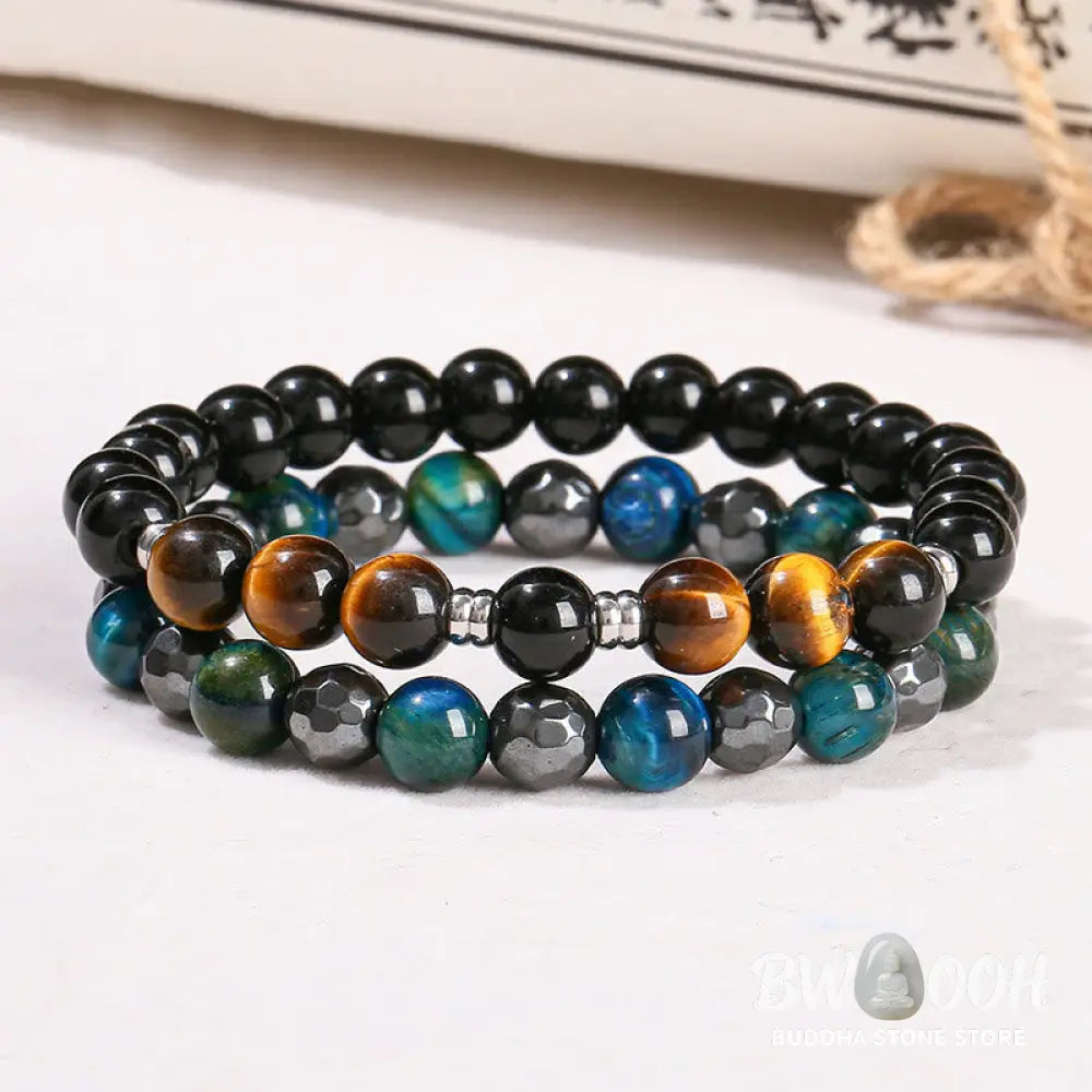 Buddha Stones 2Pcs Hematite Tiger Eye Blue Tiger Eye Powerful Bracelet Set - Hematite Tiger Eye Blue Tiger Eye(Wrist