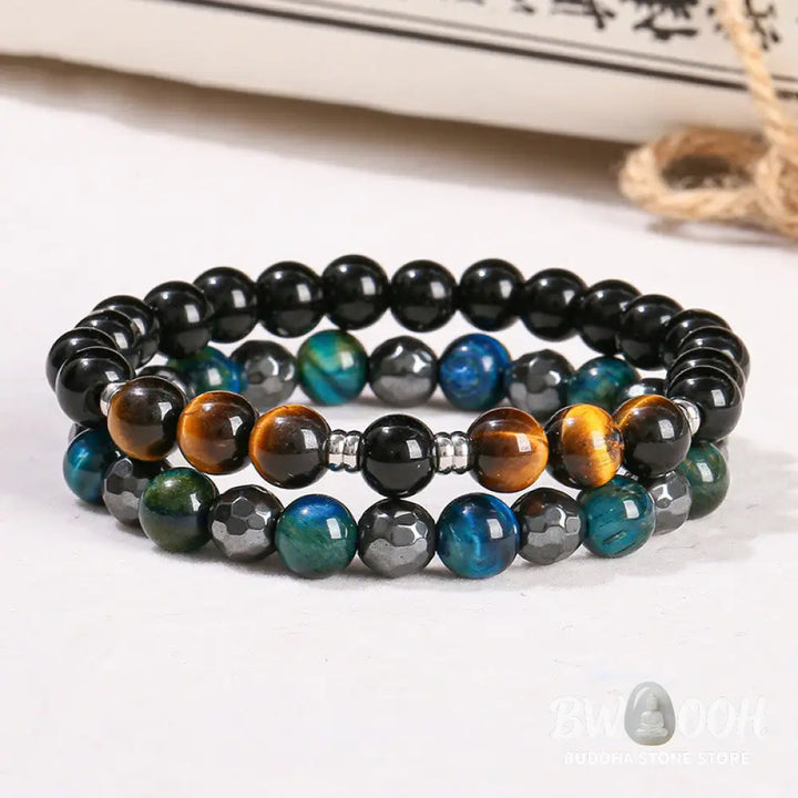 Buddha Stones 2Pcs Hematite Tiger Eye Blue Tiger Eye Powerful Bracelet Set - Hematite Tiger Eye Blue Tiger Eye(Wrist