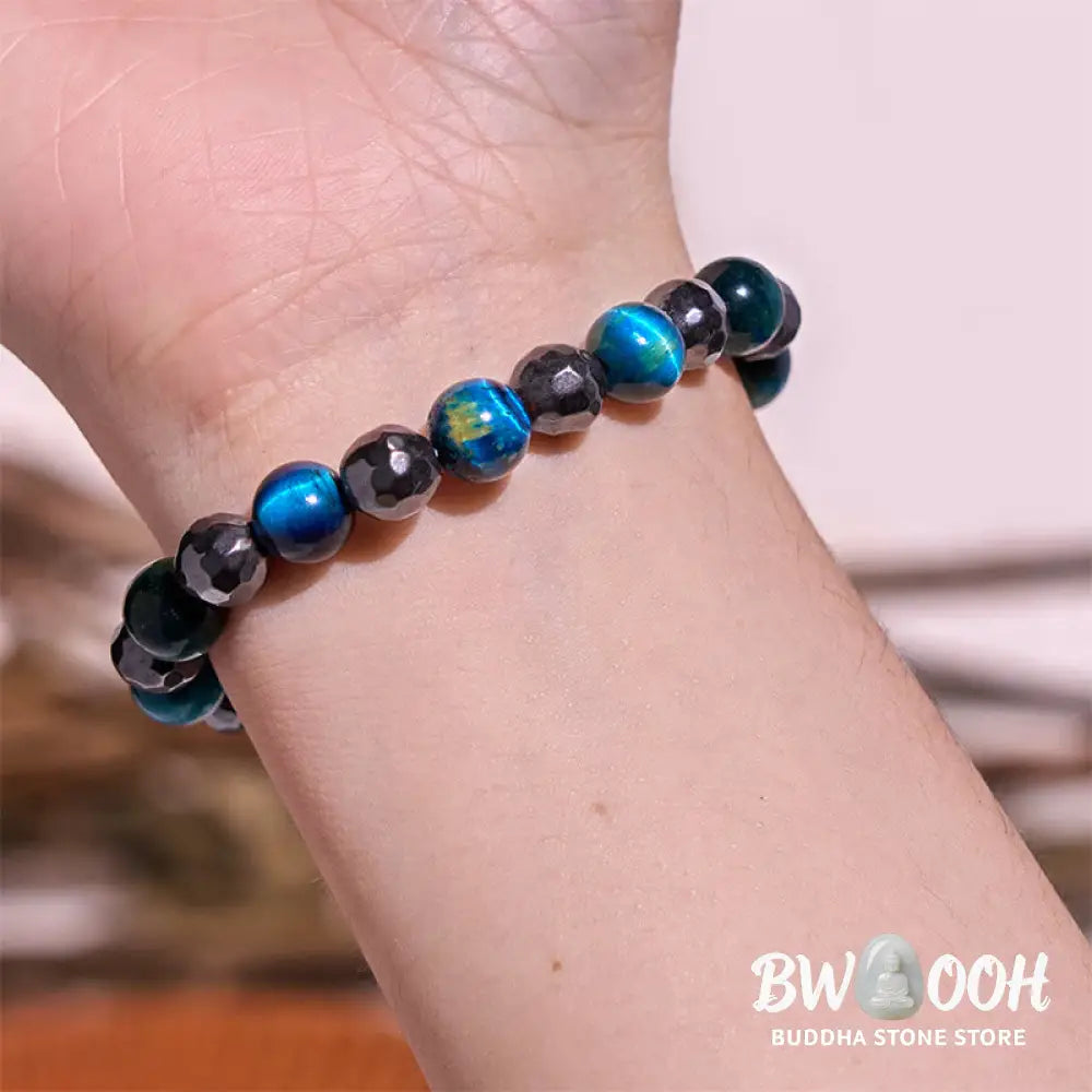 Buddha Stones 2Pcs Hematite Tiger Eye Blue Tiger Eye Powerful Bracelet Set - Hematite Tiger Eye Blue Tiger Eye(Wrist