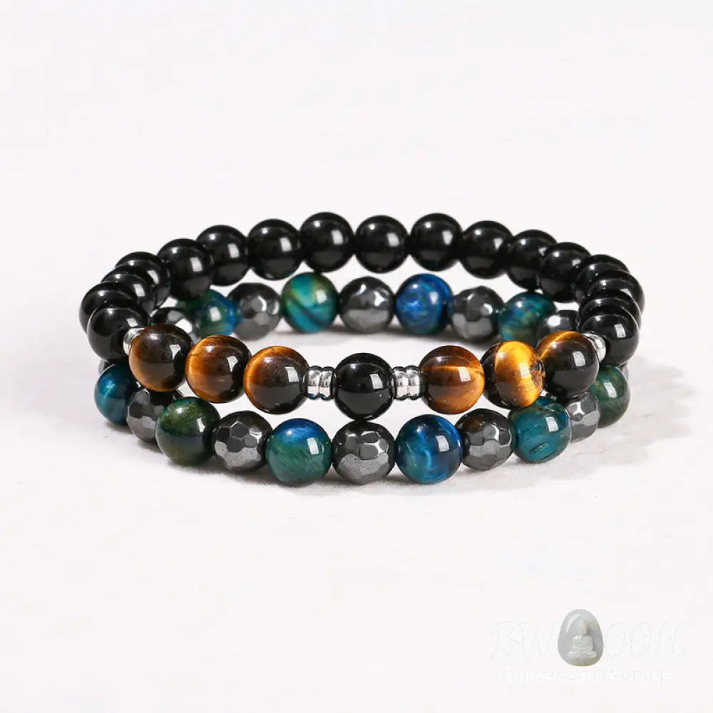 Buddha Stones 2Pcs Hematite Tiger Eye Blue Tiger Eye Powerful Bracelet Set - Hematite Tiger Eye Blue Tiger Eye(Wrist