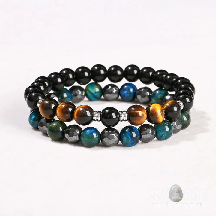 Buddha Stones 2Pcs Hematite Tiger Eye Blue Tiger Eye Powerful Bracelet Set - Hematite Tiger Eye Blue Tiger Eye(Wrist