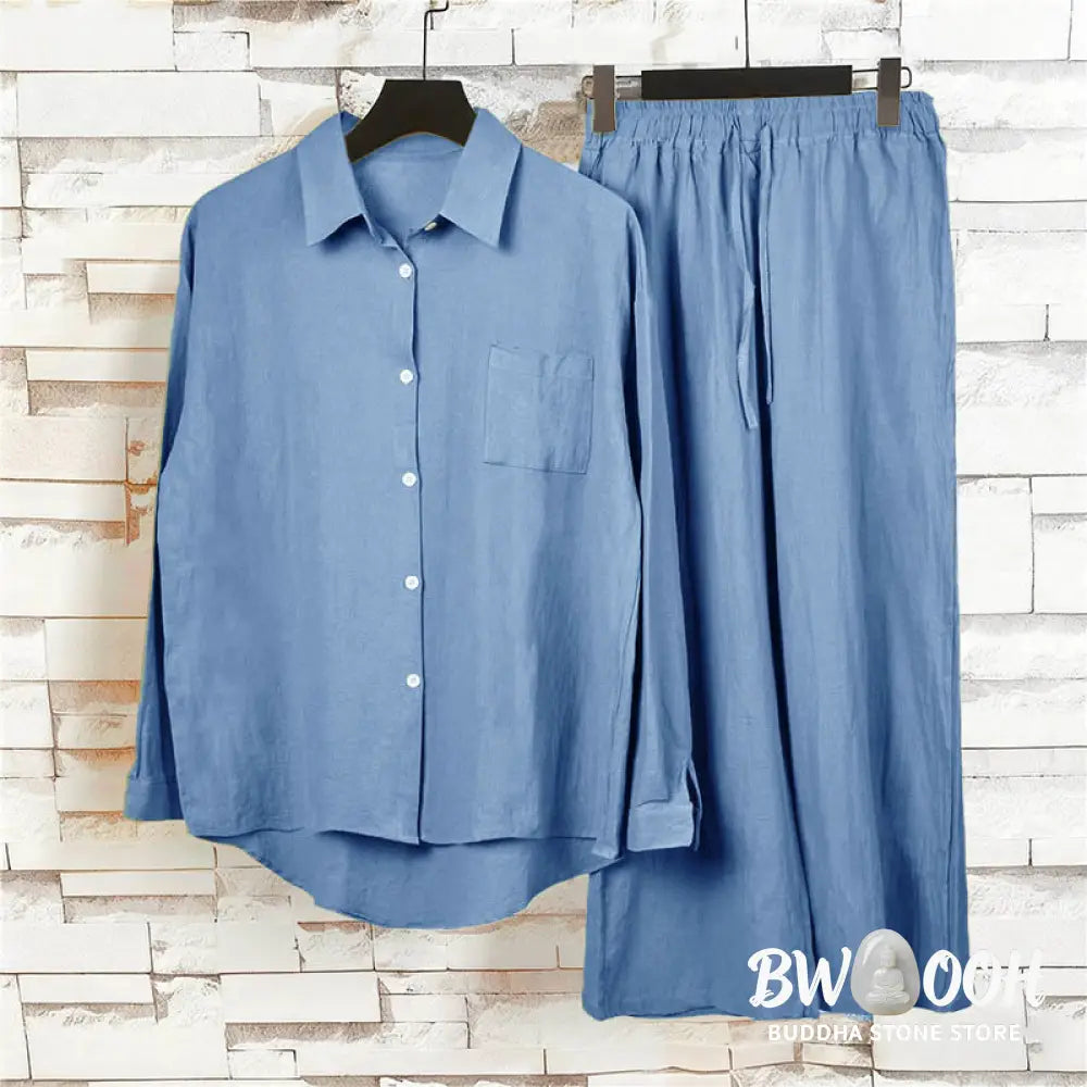 Buddha Stones 2Pcs Long Sleeve Shirt Top With Pockets Drawstring Pants Meditation Cotton Clothing Women&
