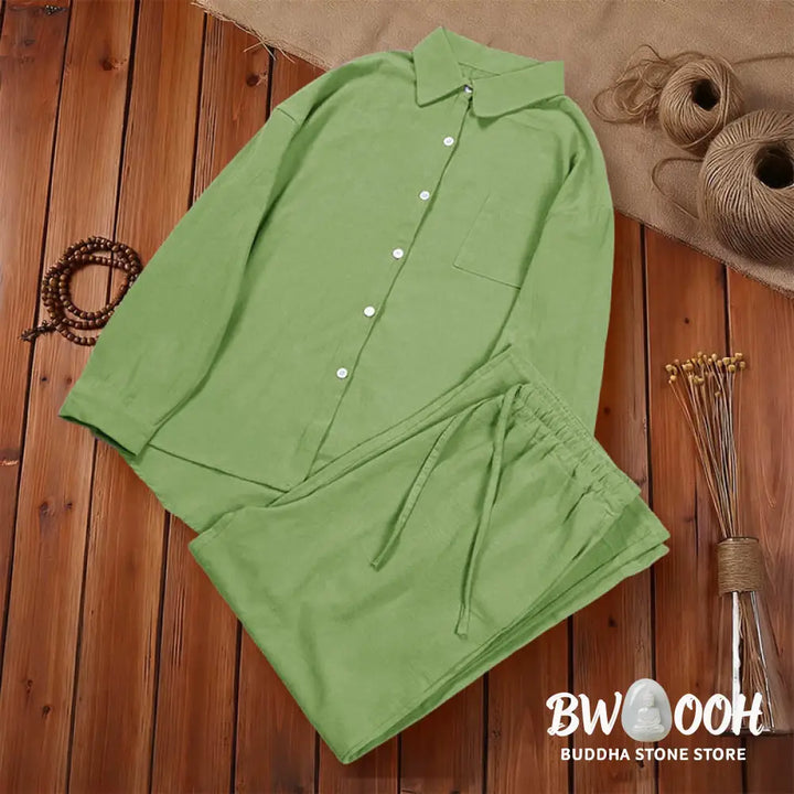 Buddha Stones 2Pcs Long Sleeve Shirt Top With Pockets Drawstring Pants Meditation Cotton Clothing Women&