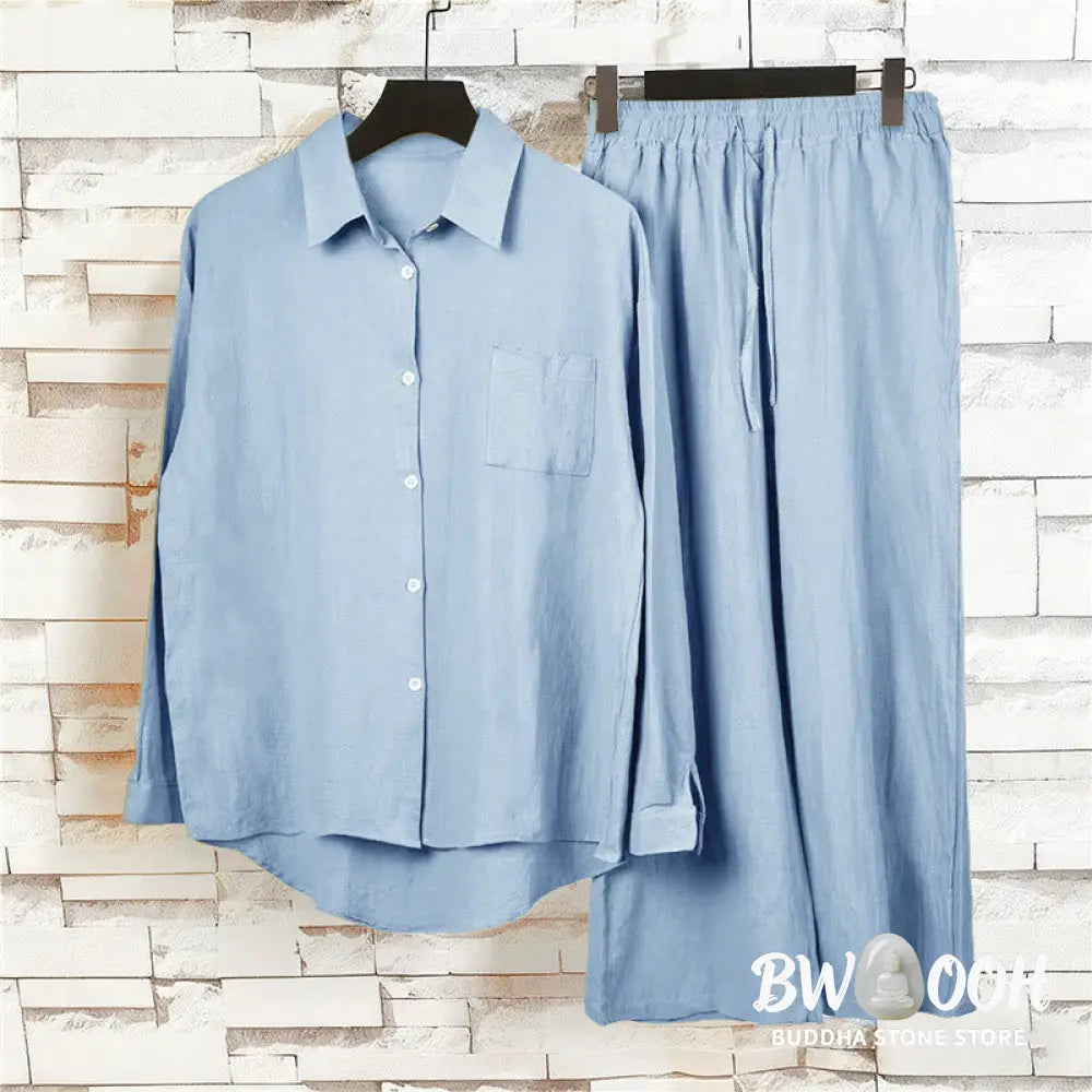Buddha Stones 2Pcs Long Sleeve Shirt Top With Pockets Drawstring Pants Meditation Cotton Clothing Women&