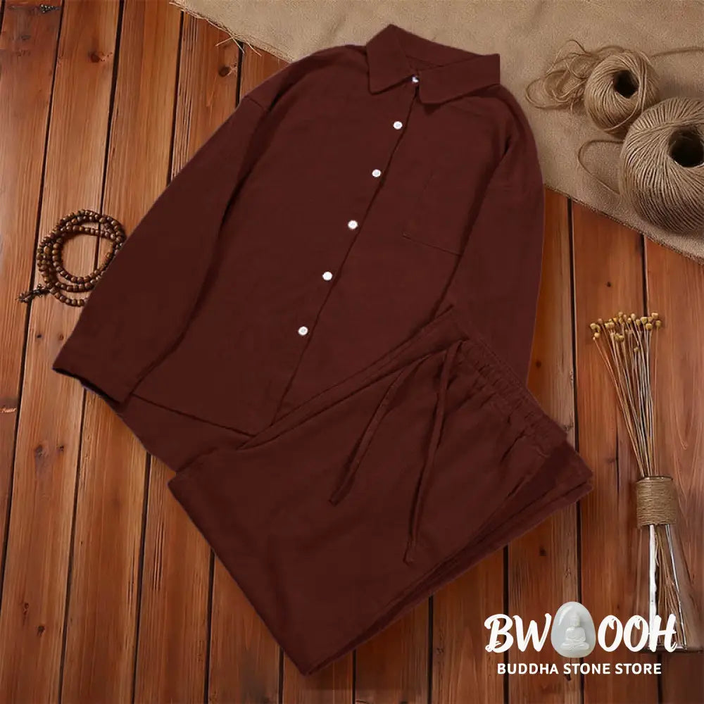 Buddha Stones 2Pcs Long Sleeve Shirt Top With Pockets Drawstring Pants Meditation Cotton Clothing Women&
