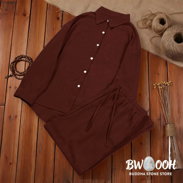 Buddha Stones 2Pcs Long Sleeve Shirt Top With Pockets Drawstring Pants Meditation Cotton Clothing Women&