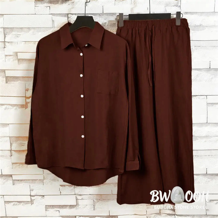 Buddha Stones 2Pcs Long Sleeve Shirt Top With Pockets Drawstring Pants Meditation Cotton Clothing Women&