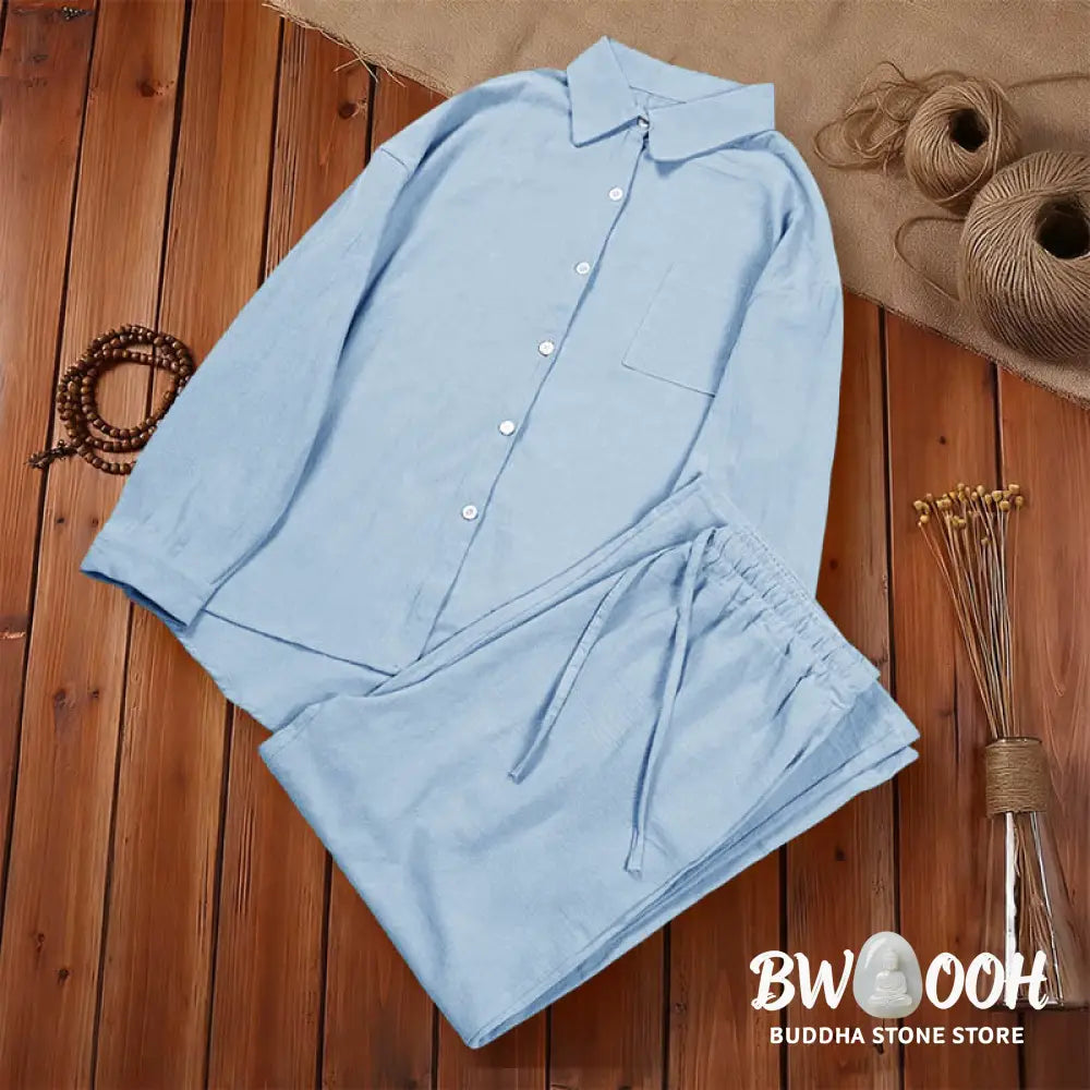 Buddha Stones 2Pcs Long Sleeve Shirt Top With Pockets Drawstring Pants Meditation Cotton Clothing Women&