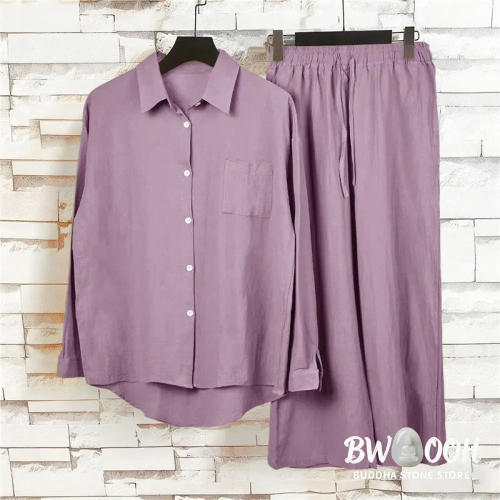 Buddha Stones 2Pcs Long Sleeve Shirt Top With Pockets Drawstring Pants Meditation Cotton Clothing Women&