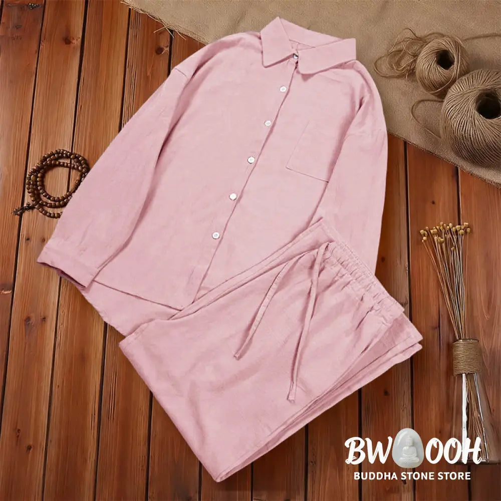 Buddha Stones 2Pcs Long Sleeve Shirt Top With Pockets Drawstring Pants Meditation Cotton Clothing Women&