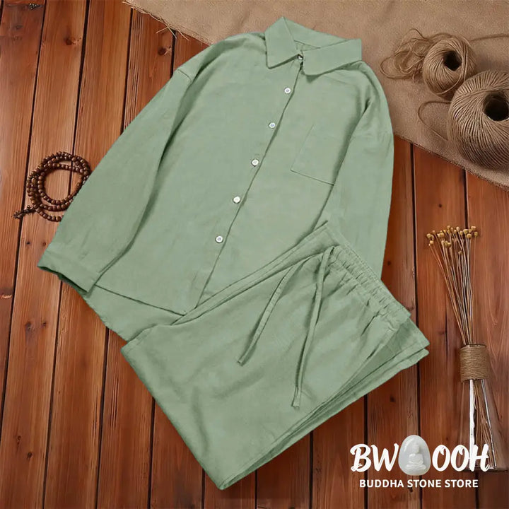 Buddha Stones 2Pcs Long Sleeve Shirt Top With Pockets Drawstring Pants Meditation Cotton Clothing Women&