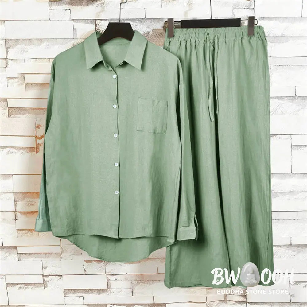 Buddha Stones 2Pcs Long Sleeve Shirt Top With Pockets Drawstring Pants Meditation Cotton Clothing Women&