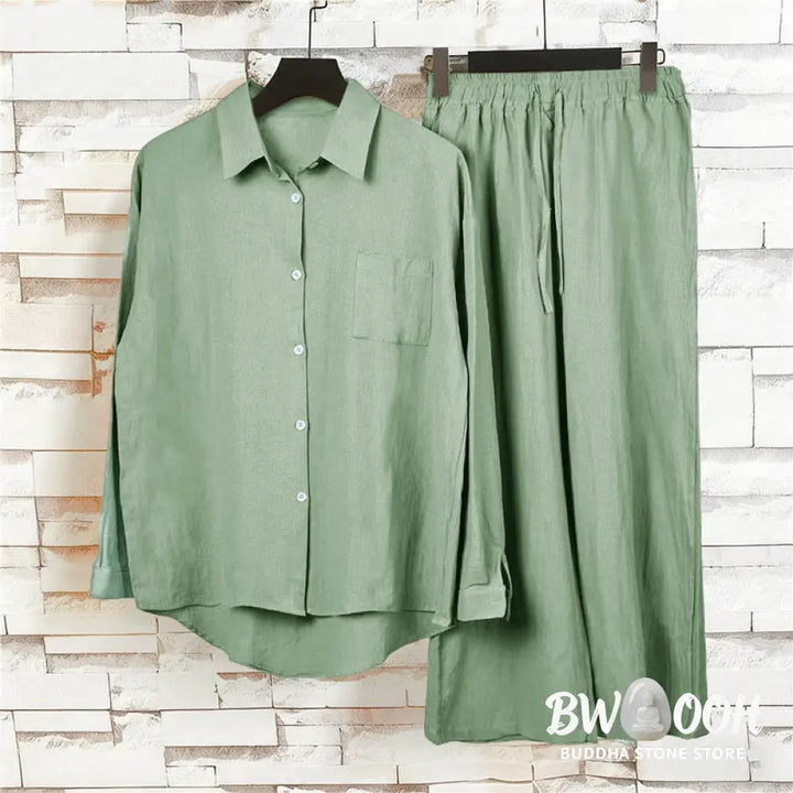 Buddha Stones 2Pcs Long Sleeve Shirt Top With Pockets Drawstring Pants Meditation Cotton Clothing Women&