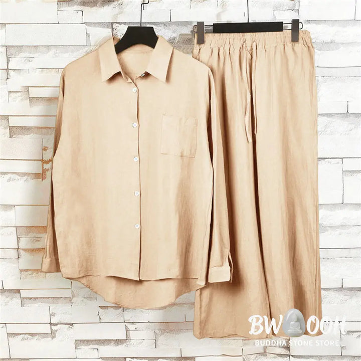 Buddha Stones 2Pcs Long Sleeve Shirt Top With Pockets Drawstring Pants Meditation Cotton Clothing Women&
