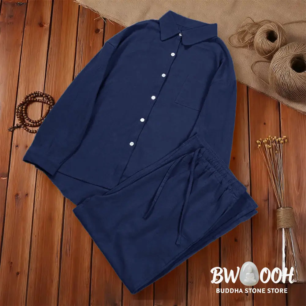 Buddha Stones 2Pcs Long Sleeve Shirt Top With Pockets Drawstring Pants Meditation Cotton Clothing Women&