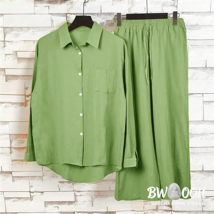 Buddha Stones 2Pcs Long Sleeve Shirt Top With Pockets Drawstring Pants Meditation Cotton Clothing Women&