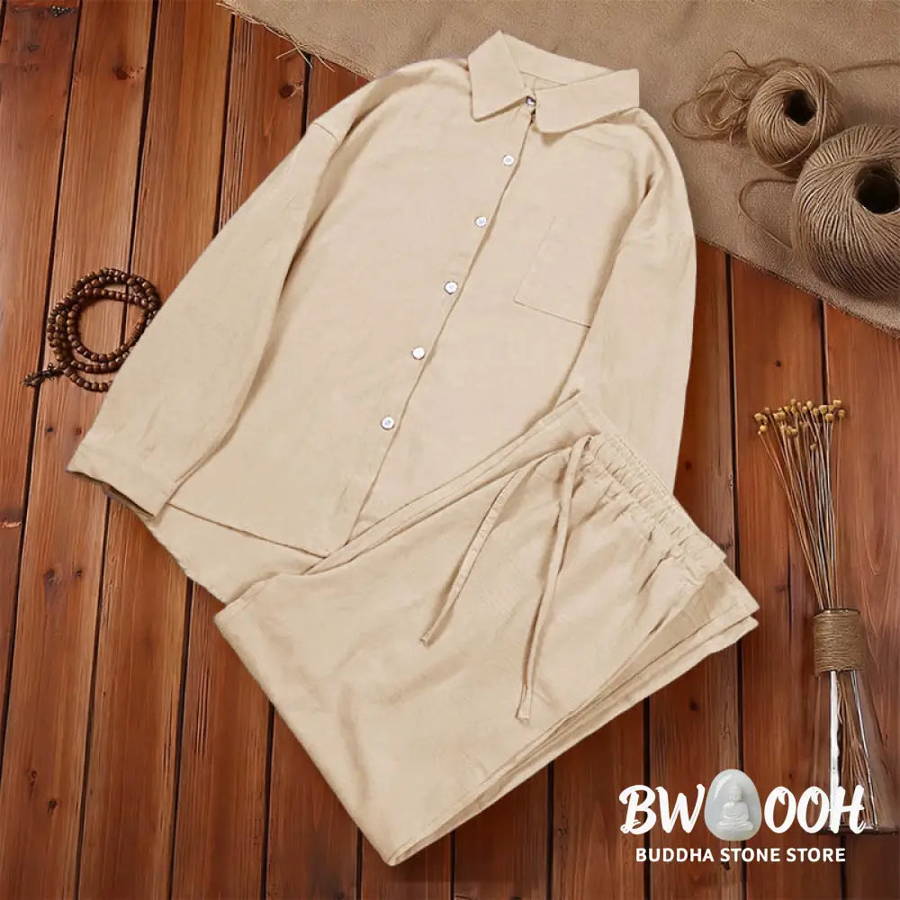 Buddha Stones 2Pcs Long Sleeve Shirt Top With Pockets Drawstring Pants Meditation Cotton Clothing Women&
