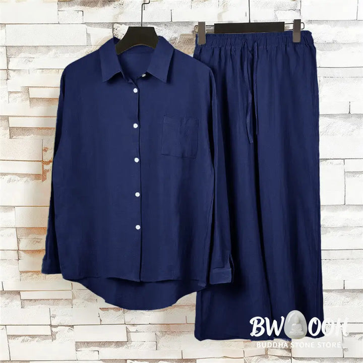 Buddha Stones 2Pcs Long Sleeve Shirt Top With Pockets Drawstring Pants Meditation Cotton Clothing Women&