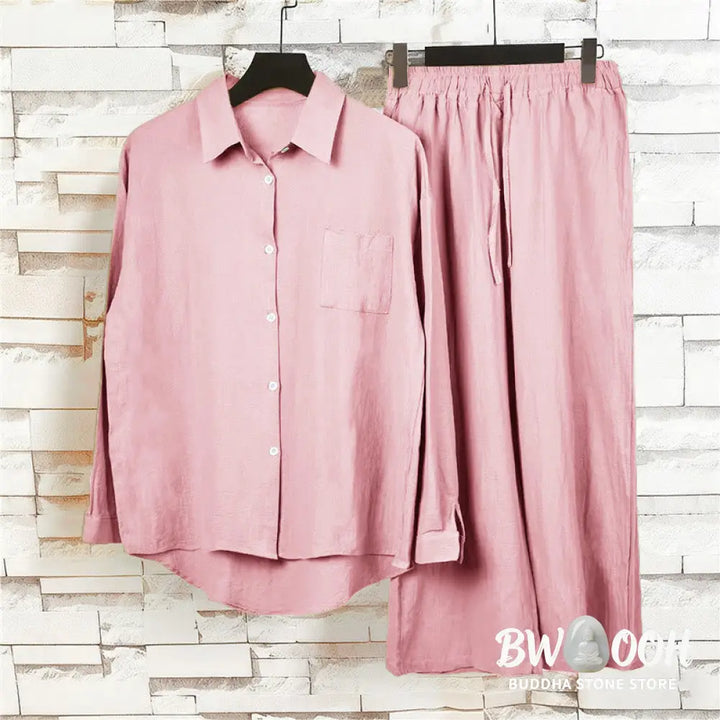 Buddha Stones 2Pcs Long Sleeve Shirt Top With Pockets Drawstring Pants Meditation Cotton Clothing Women&