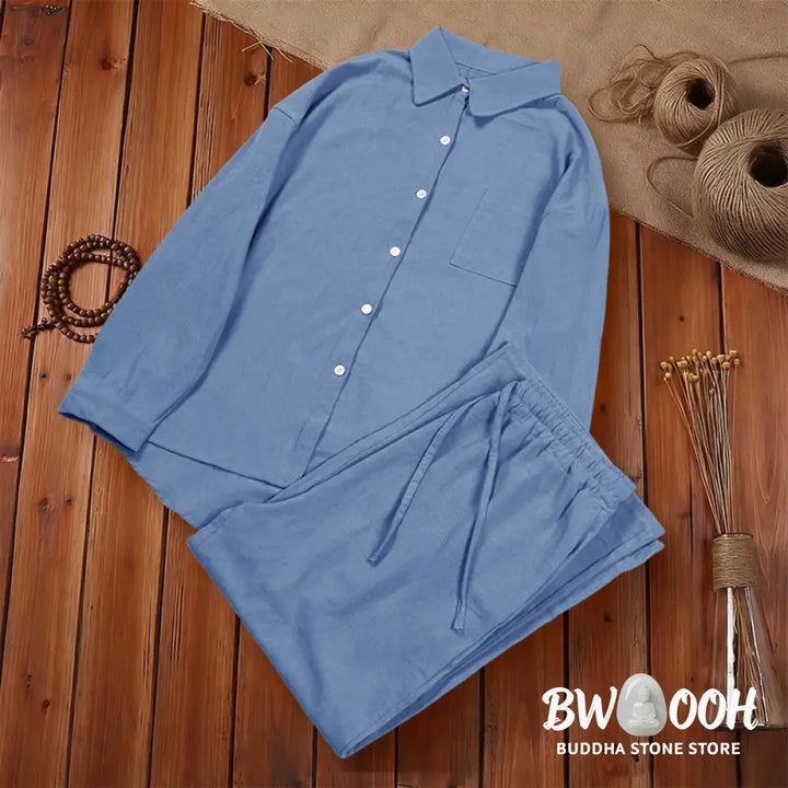 Buddha Stones 2Pcs Long Sleeve Shirt Top With Pockets Drawstring Pants Meditation Cotton Clothing Women&
