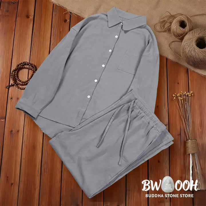 Buddha Stones 2Pcs Long Sleeve Shirt Top With Pockets Drawstring Pants Meditation Cotton Clothing Women&