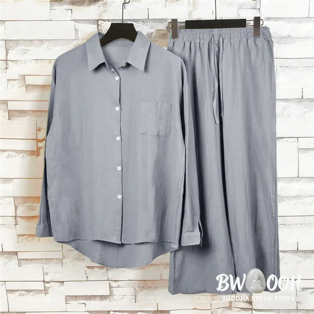 Buddha Stones 2Pcs Long Sleeve Shirt Top With Pockets Drawstring Pants Meditation Cotton Clothing Women&