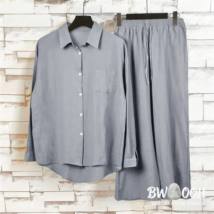 Buddha Stones 2Pcs Long Sleeve Shirt Top With Pockets Drawstring Pants Meditation Cotton Clothing Women&