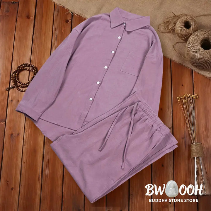 Buddha Stones 2Pcs Long Sleeve Shirt Top With Pockets Drawstring Pants Meditation Cotton Clothing Women&