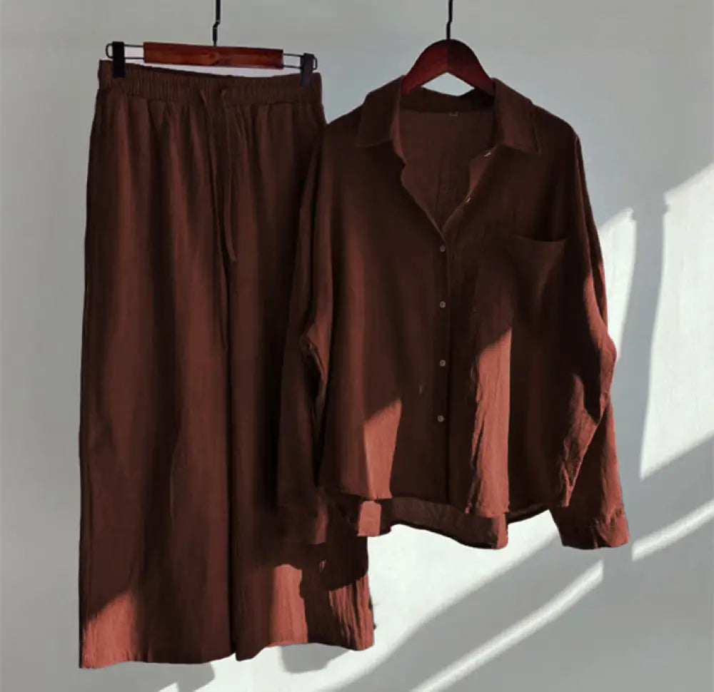 Buddha Stones 2Pcs Long Sleeve Shirt Top With Pockets Drawstring Pants Meditation Cotton Clothing Women&