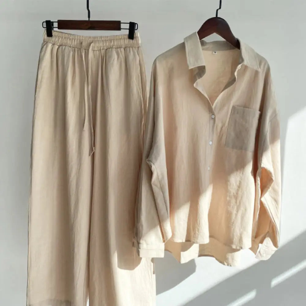 Buddha Stones 2Pcs Long Sleeve Shirt Top With Pockets Drawstring Pants Meditation Cotton Clothing Women&