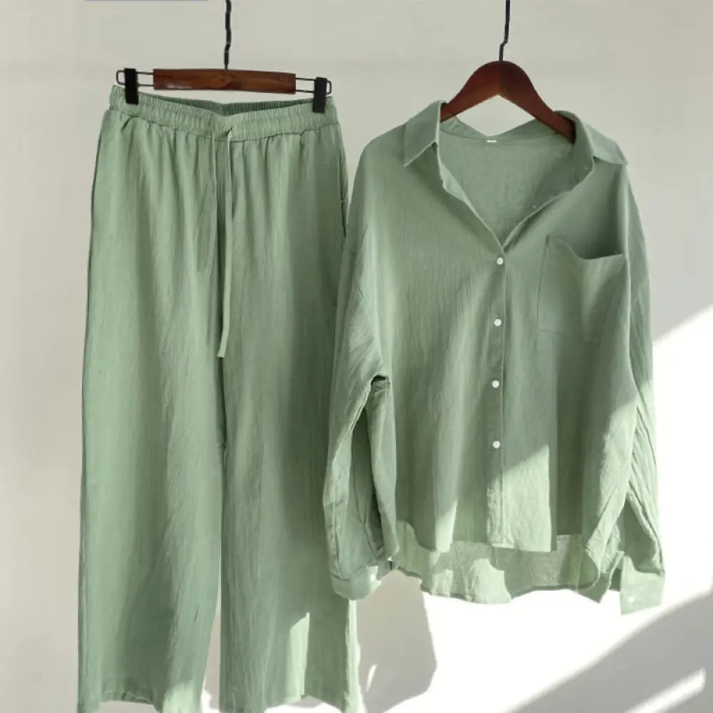 Buddha Stones 2Pcs Long Sleeve Shirt Top With Pockets Drawstring Pants Meditation Cotton Clothing Women&