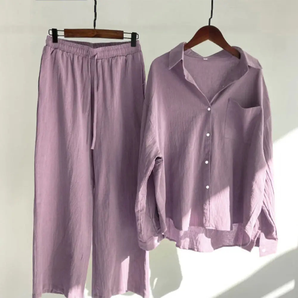 Buddha Stones 2Pcs Long Sleeve Shirt Top With Pockets Drawstring Pants Meditation Cotton Clothing Women&