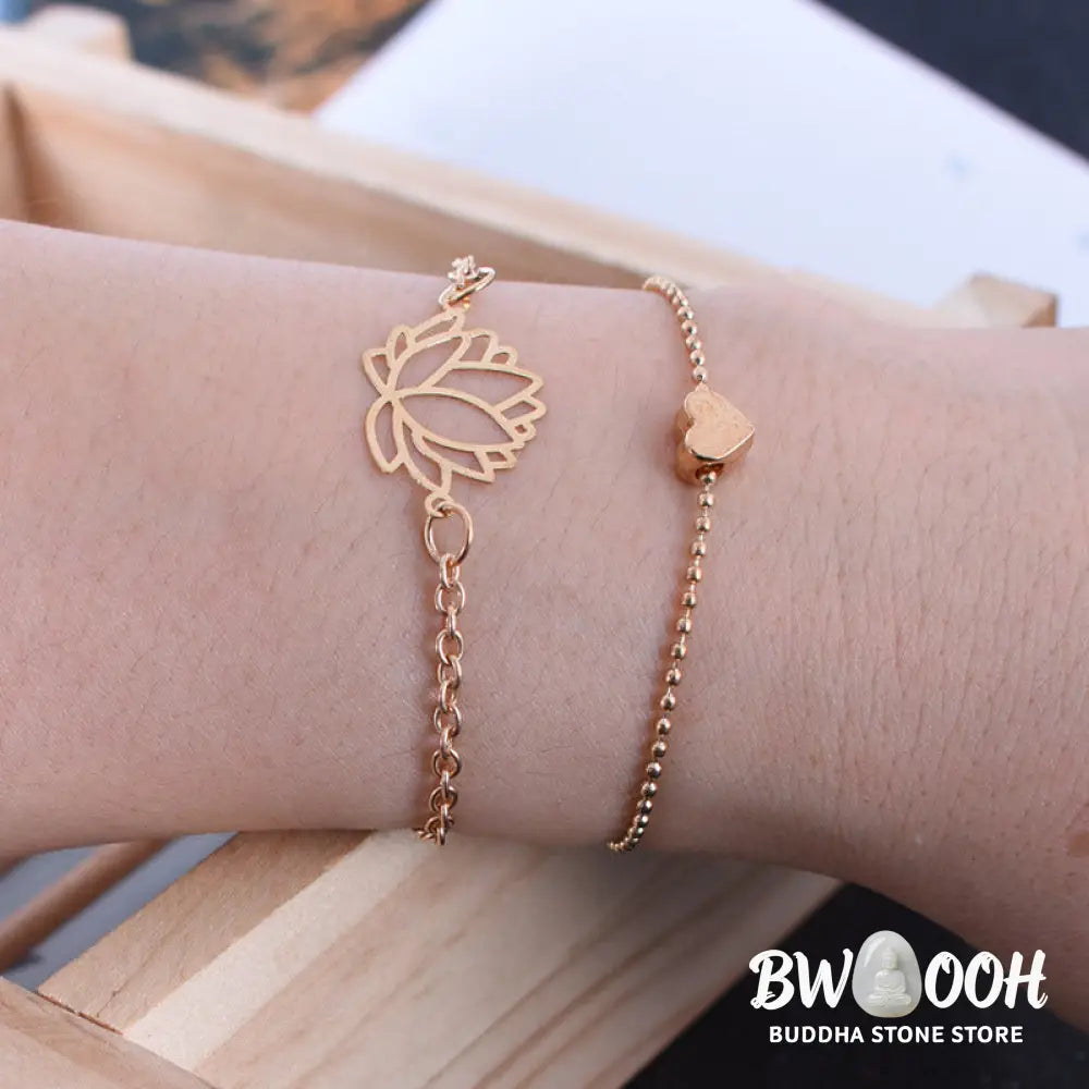 Buddha Stones 2Pcs Lotus Flower Love Heart Enlightenment Bracelet - LOTUS SYMBOL - Bracelet