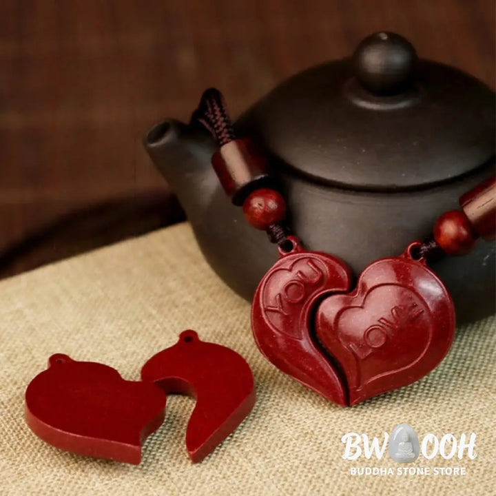 Buddha Stones 2Pcs LOVE YOU Natural Cinnabar Love Heart String Blessing Couple Necklace Pendant - BWOOOH - Cinnabar
