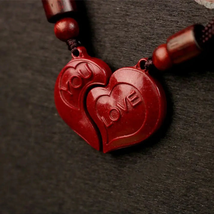 Natural cinnabar love heart couple necklace pendant on a string