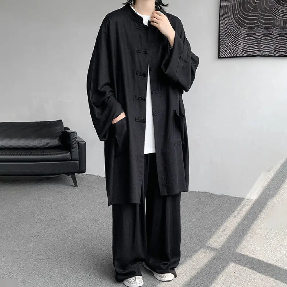 Buddha Stones 2Pcs Men’s Long Sleeve Frog-Button Shirt Pants Meditation Zen Cotton Clothing Set - Black