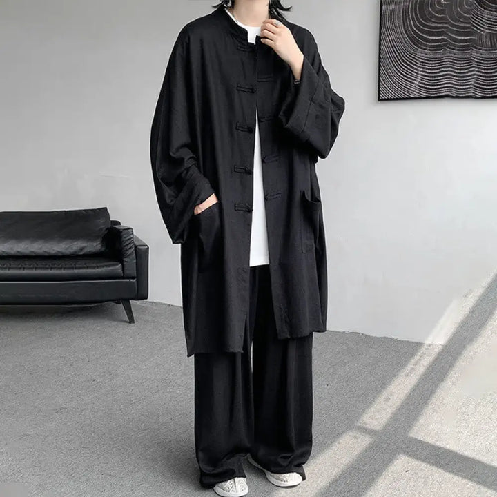Buddha Stones 2Pcs Men’s Long Sleeve Frog-Button Shirt Pants Meditation Zen Cotton Clothing Set - Black