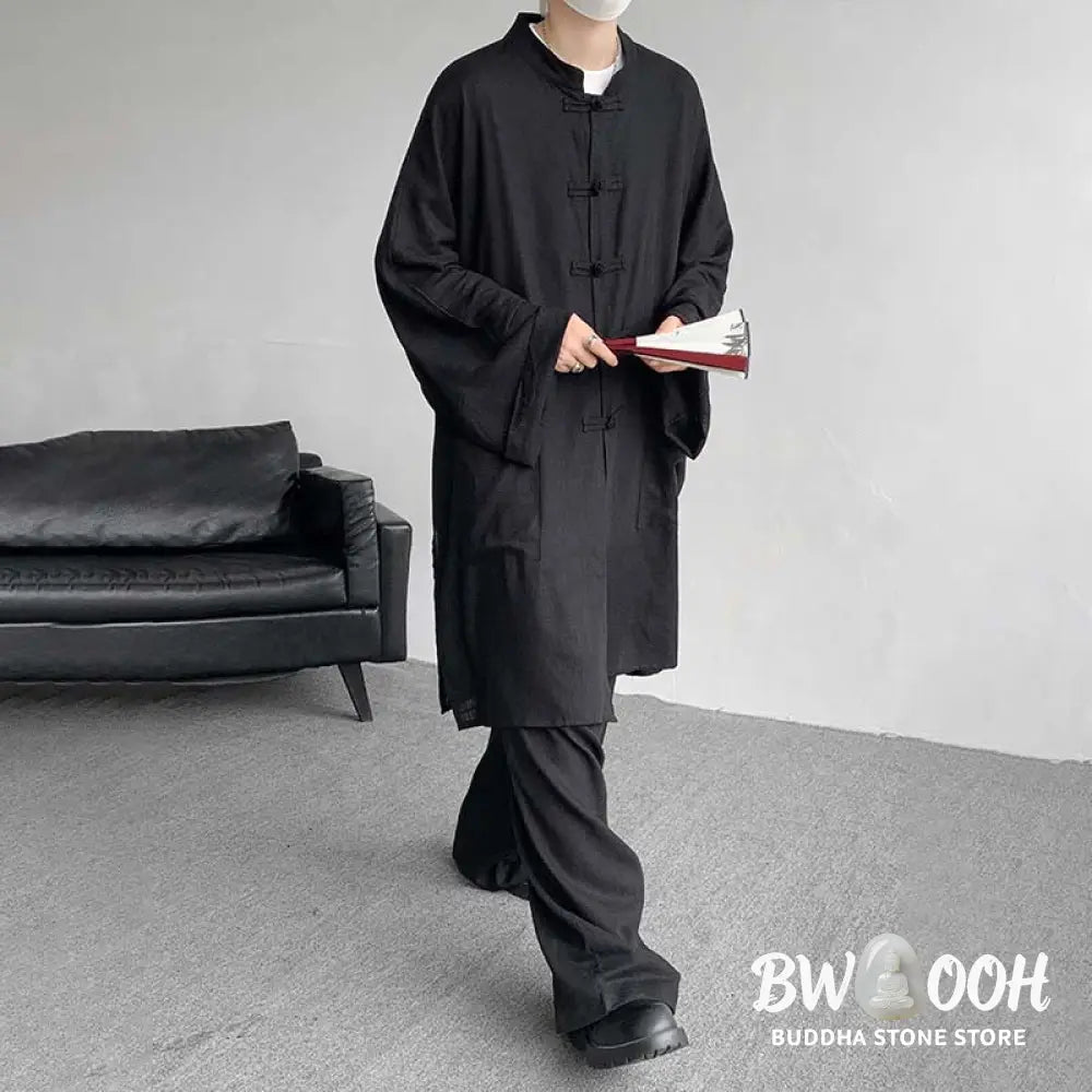 Buddha Stones 2Pcs Men’s Long Sleeve Frog-Button Shirt Pants Meditation Zen Cotton Clothing Set - Men’s Meditation Cloth