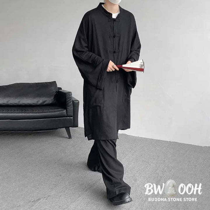 Buddha Stones 2Pcs Men’s Long Sleeve Frog-Button Shirt Pants Meditation Zen Cotton Clothing Set - Men’s Meditation Cloth