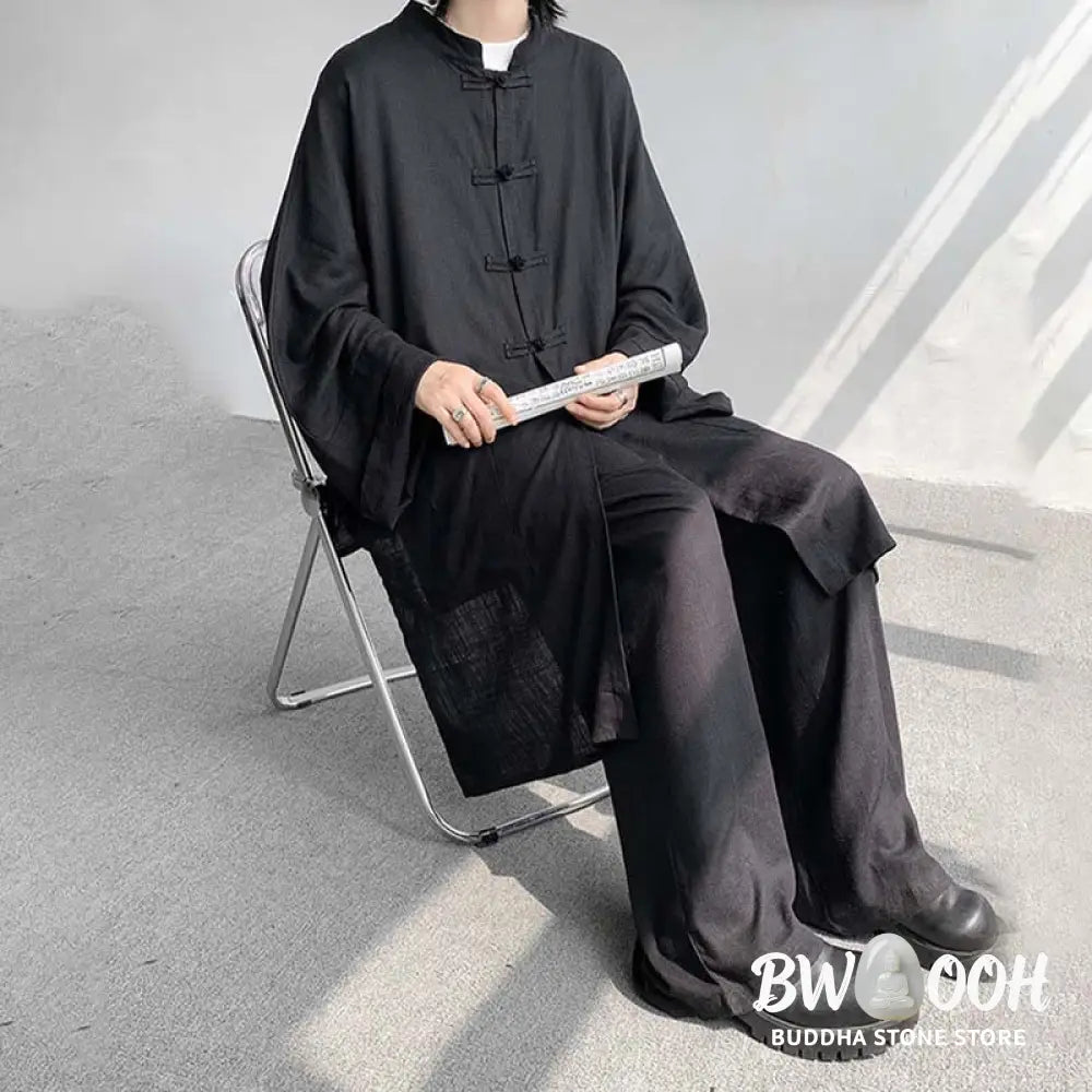 Buddha Stones 2Pcs Men’s Long Sleeve Frog-Button Shirt Pants Meditation Zen Cotton Clothing Set - Men’s Meditation Cloth