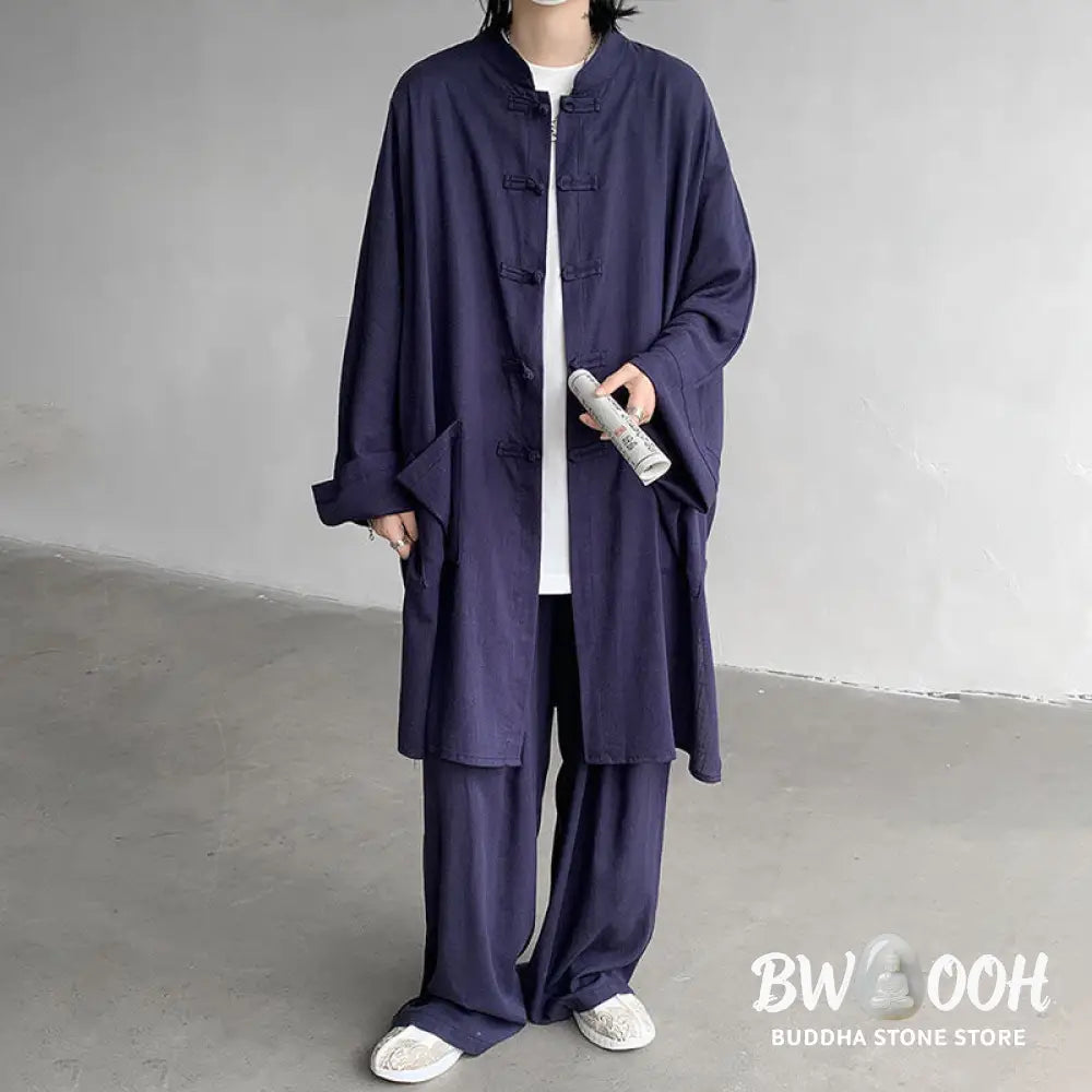 Buddha Stones 2Pcs Men’s Long Sleeve Frog-Button Shirt Pants Meditation Zen Cotton Clothing Set - Men’s Meditation Cloth