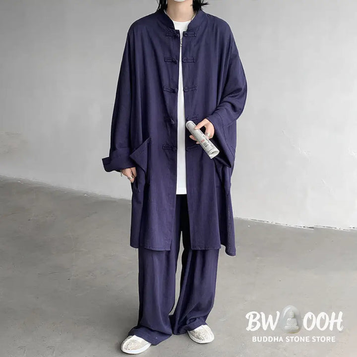 Buddha Stones 2Pcs Men’s Long Sleeve Frog-Button Shirt Pants Meditation Zen Cotton Clothing Set - Men’s Meditation Cloth